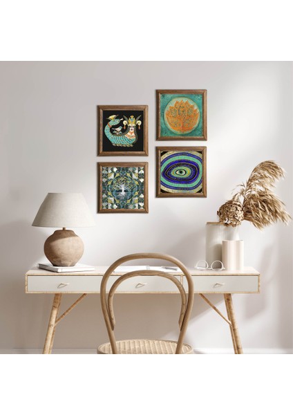Hayat Ağacı, Nazar, Lotus Çiçeği, Şahmeran Ahşap Çerçeveli Taş Duvar Tablosu 4’lü Set – 25x25 cm Dekoratif Modern Sanat – Ev ve Ofis Dekoru |W4-1031|