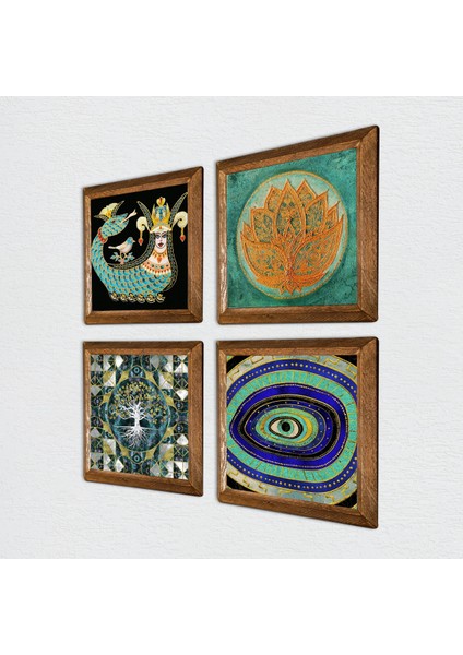 Hayat Ağacı, Nazar, Lotus Çiçeği, Şahmeran Ahşap Çerçeveli Taş Duvar Tablosu 4’lü Set – 25x25 cm Dekoratif Modern Sanat – Ev ve Ofis Dekoru |W4-1031| fiyatları