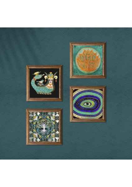 Hayat Ağacı, Nazar, Lotus Çiçeği, Şahmeran Ahşap Çerçeveli Taş Duvar Tablosu 4’lü Set – 25x25 cm Dekoratif Modern Sanat – Ev ve Ofis Dekoru |W4-1031| modelleri