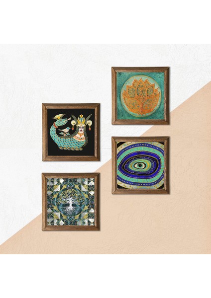 Hayat Ağacı, Nazar, Lotus Çiçeği, Şahmeran Ahşap Çerçeveli Taş Duvar Tablosu 4’lü Set – 25x25 cm Dekoratif Modern Sanat – Ev ve Ofis Dekoru |W4-1031| indirimleri