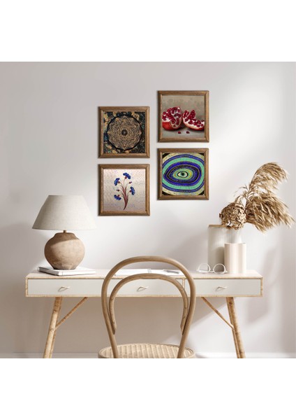 Ebru Sanatı, Nazar, Sri Yantra, Nar Taş Duvar Tablosu Ahşap Çerçeveli Duvar Dekoru 4 Parça Tablo Seti Wall Art W4-1035