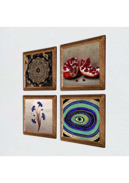 Ebru Sanatı, Nazar, Sri Yantra, Nar Taş Duvar Tablosu Ahşap Çerçeveli Duvar Dekoru 4 Parça Tablo Seti Wall Art W4-1035