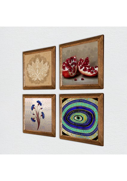 Ebru Sanatı, Nazar, Lotus Çiçeği, Nar Taş Duvar Tablosu Ahşap Çerçeveli Duvar Dekoru 4 Parça Tablo Seti Wall Art W4-1036