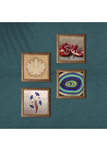 Ebru Sanatı, Nazar, Lotus Çiçeği, Nar Taş Duvar Tablosu Ahşap Çerçeveli Duvar Dekoru 4 Parça Tablo Seti Wall Art W4-1036