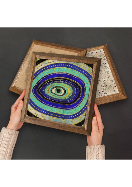 Ebru Sanatı, Nazar, Lotus Çiçeği, Nar Taş Duvar Tablosu Ahşap Çerçeveli Duvar Dekoru 4 Parça Tablo Seti Wall Art W4-1036