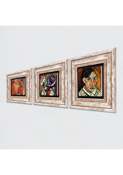 Picasso Avignonlu Kızlar, Ayna Karşısındaki Kız, Otoportre Taş Duvar Tablosu Çerçeveli Duvar Dekoru 3 Parça Tablo Seti Wall Art T3-601