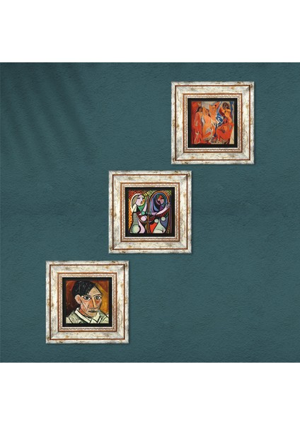 Picasso Avignonlu Kızlar, Ayna Karşısındaki Kız, Otoportre Taş Duvar Tablosu Çerçeveli Duvar Dekoru 3 Parça Tablo Seti Wall Art T3-601