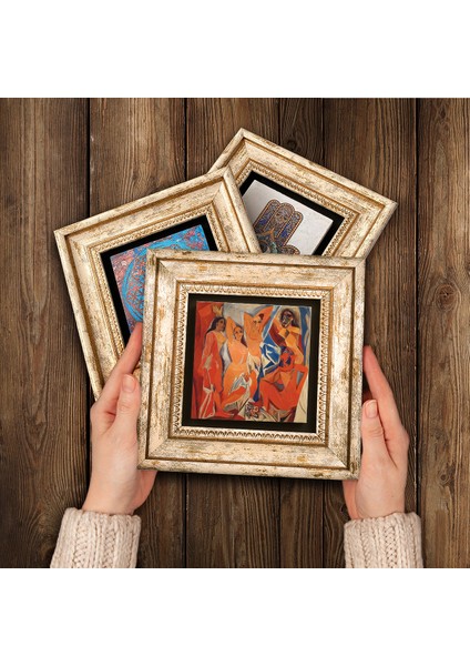 Picasso Avignonlu Kızlar, Ayna Karşısındaki Kız, Otoportre Taş Duvar Tablosu Çerçeveli Duvar Dekoru 3 Parça Tablo Seti Wall Art T3-601