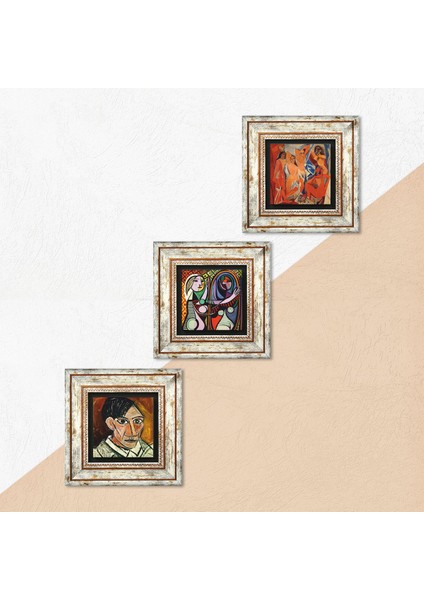 Picasso Avignonlu Kızlar, Ayna Karşısındaki Kız, Otoportre Taş Duvar Tablosu Çerçeveli Duvar Dekoru 3 Parça Tablo Seti Wall Art T3-601