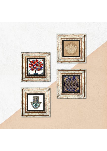 Lotus Çiçeği, Yaşam Çiçeği, Nar Ağacı, Fatma Ana Eli (Hamsa) Taş Duvar Tablosu Çerçeveli Duvar Dekoru 4 Parça Tablo Seti Wall Art T4-801 indirimleri