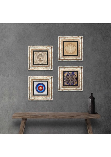 Nazar, Lotus Çiçeği, Yaşam Çiçeği, Hayat Ağacı Taş Duvar Tablosu Çerçeveli Duvar Dekoru 4 Parça Tablo Seti Wall Art T4-815