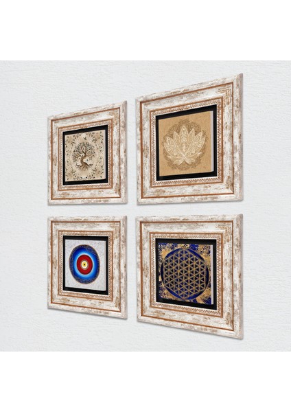 Nazar, Lotus Çiçeği, Yaşam Çiçeği, Hayat Ağacı Taş Duvar Tablosu Çerçeveli Duvar Dekoru 4 Parça Tablo Seti Wall Art T4-815