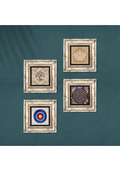 Nazar, Lotus Çiçeği, Yaşam Çiçeği, Hayat Ağacı Taş Duvar Tablosu Çerçeveli Duvar Dekoru 4 Parça Tablo Seti Wall Art T4-815