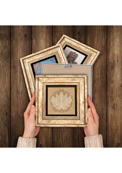 Nazar, Lotus Çiçeği, Yaşam Çiçeği, Hayat Ağacı Taş Duvar Tablosu Çerçeveli Duvar Dekoru 4 Parça Tablo Seti Wall Art T4-815