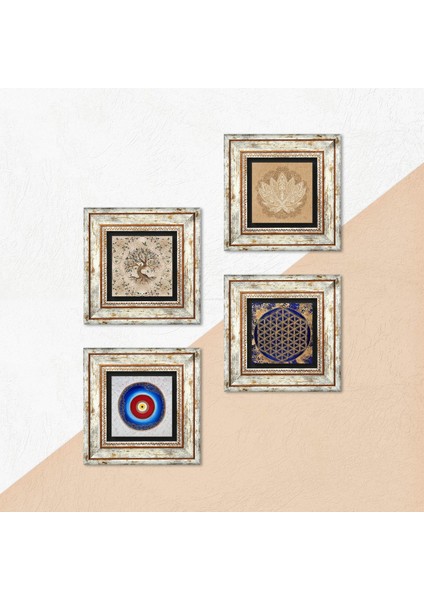 Nazar, Lotus Çiçeği, Yaşam Çiçeği, Hayat Ağacı Taş Duvar Tablosu Çerçeveli Duvar Dekoru 4 Parça Tablo Seti Wall Art T4-815