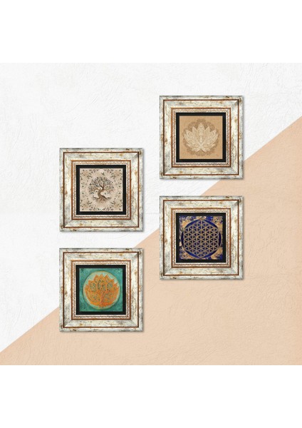 Lotus Çiçeği, Yaşam Çiçeği, Hayat Ağacı Çerçeveli Taş Duvar Tablosu 4’lü Set - Dekoratif Modern Sanat, Ev ve Ofis Dekoru |TK4-817| indirimleri