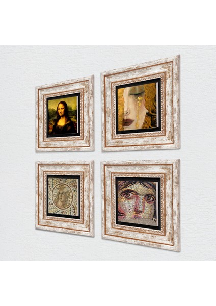 Çingene Kızı, Mozaik, Gustav Klimt, Leonardo da Vinci Çerçeveli Taş Duvar Tablosu 4’lü Set - Dekoratif Modern Sanat, Ev ve Ofis Dekoru |TK4-956| fiyatları