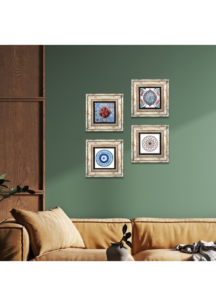 Nazar, Yaşam Çiçeği, Çini Sanatı, Nar Taş Duvar Tablosu Çerçeveli Duvar Dekoru 4 Parça Tablo Seti Wall Art T4-96