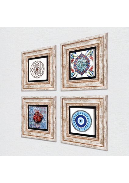 Nazar, Yaşam Çiçeği, Çini Sanatı, Nar Taş Duvar Tablosu Çerçeveli Duvar Dekoru 4 Parça Tablo Seti Wall Art T4-96