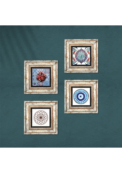 Nazar, Yaşam Çiçeği, Çini Sanatı, Nar Taş Duvar Tablosu Çerçeveli Duvar Dekoru 4 Parça Tablo Seti Wall Art T4-96