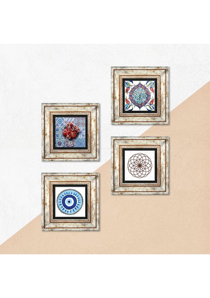 Nazar, Yaşam Çiçeği, Çini Sanatı, Nar Taş Duvar Tablosu Çerçeveli Duvar Dekoru 4 Parça Tablo Seti Wall Art T4-96