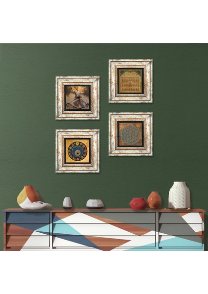 Yaşam Çiçeği, Semazen, Esma'ül Hüsna, Nazar Taş Duvar Tablosu Çerçeveli Duvar Dekoru 4 Parça Tablo Seti Wall Art T4-607