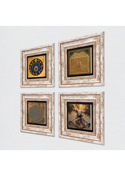 Yaşam Çiçeği, Semazen, Esma'ül Hüsna, Nazar Taş Duvar Tablosu Çerçeveli Duvar Dekoru 4 Parça Tablo Seti Wall Art T4-607
