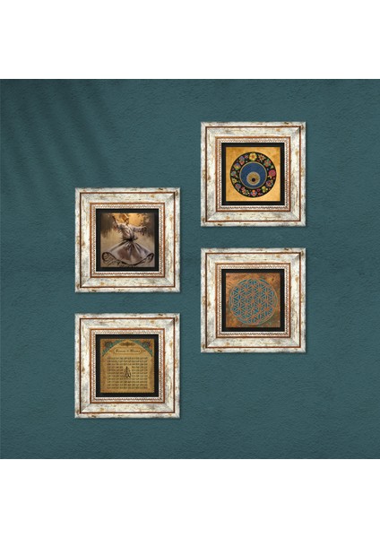Yaşam Çiçeği, Semazen, Esma'ül Hüsna, Nazar Taş Duvar Tablosu Çerçeveli Duvar Dekoru 4 Parça Tablo Seti Wall Art T4-607