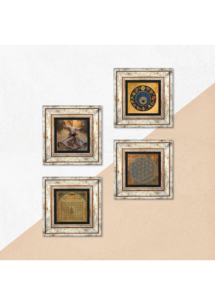 Yaşam Çiçeği, Semazen, Esma'ül Hüsna, Nazar Taş Duvar Tablosu Çerçeveli Duvar Dekoru 4 Parça Tablo Seti Wall Art T4-607