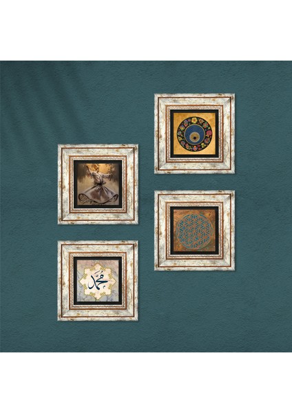Yaşam Çiçeği, Semazen, Hz. Muhammed Lafzı, Nazar Taş Duvar Tablosu Çerçeveli Duvar Dekoru 4 Parça Tablo Seti Wall Art T4-615
