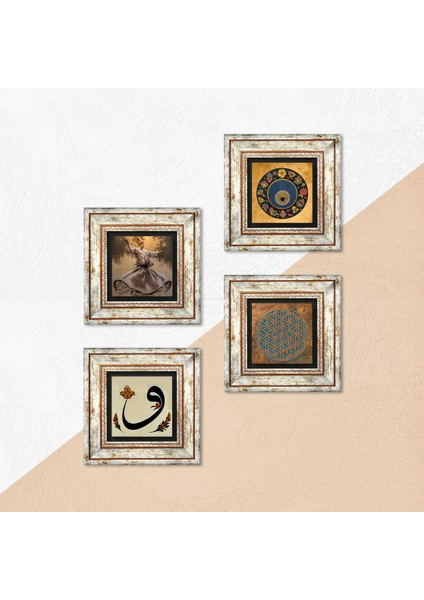 Yaşam Çiçeği, Semazen, Vav, Nazar Çerçeveli Taş Duvar Tablosu 4’lü Set - Dekoratif Modern Sanat, Ev ve Ofis Dekoru |TK4-622| indirimleri