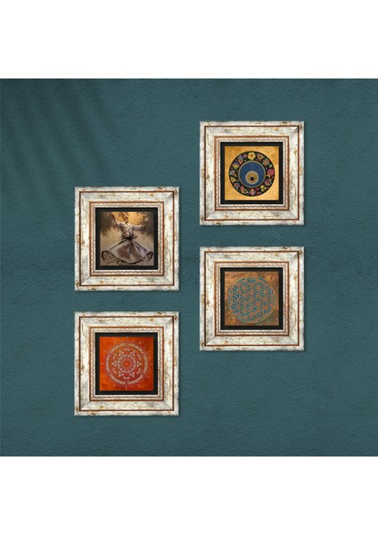 Yaşam Çiçeği, Semazen, Mandala, Nazar Taş Duvar Tablosu Çerçeveli Duvar Dekoru 4 Parça Tablo Seti Wall Art T4-633