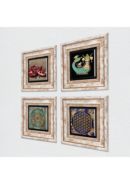 Yaşam Çiçeği, Şahmeran, Nar Taş Duvar Tablosu Çerçeveli Duvar Dekoru 4 Parça Tablo Seti Wall Art T4-774