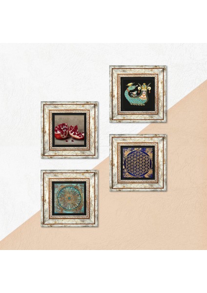 Yaşam Çiçeği, Şahmeran, Nar Taş Duvar Tablosu Çerçeveli Duvar Dekoru 4 Parça Tablo Seti Wall Art T4-774