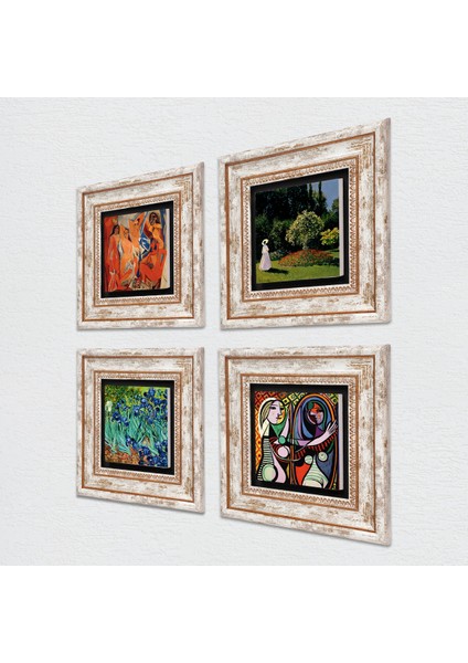 Picasso, Claude Monet, Van Gogh Taş Duvar Tablosu Çerçeveli Duvar Dekoru 4 Parça Tablo Seti Wall Art T4-946