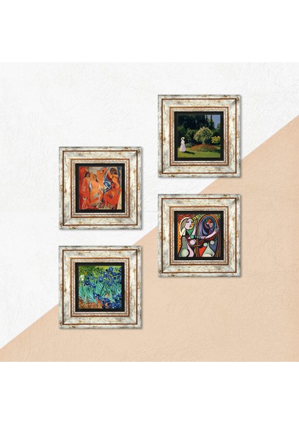 Picasso, Claude Monet, Van Gogh Taş Duvar Tablosu Çerçeveli Duvar Dekoru 4 Parça Tablo Seti Wall Art T4-946