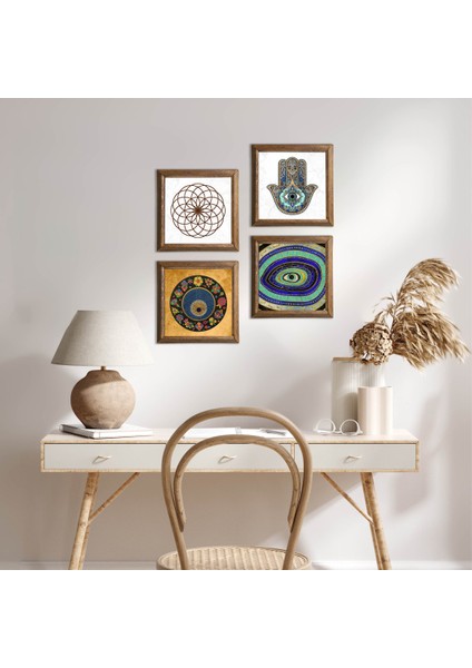 Yaşam Çiçeği, Nazar, Fatma Ana Eli (Hamsa) Ahşap Çerçeveli Taş Duvar Tablosu 4’lü Set – 25x25 cm Dekoratif Modern Sanat – Ev ve Ofis Dekoru |W4-1033|