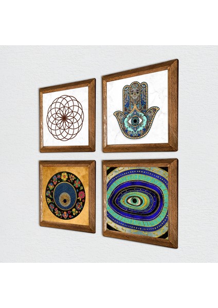 Yaşam Çiçeği, Nazar, Fatma Ana Eli (Hamsa) Ahşap Çerçeveli Taş Duvar Tablosu 4’lü Set – 25x25 cm Dekoratif Modern Sanat – Ev ve Ofis Dekoru |W4-1033| fiyatları