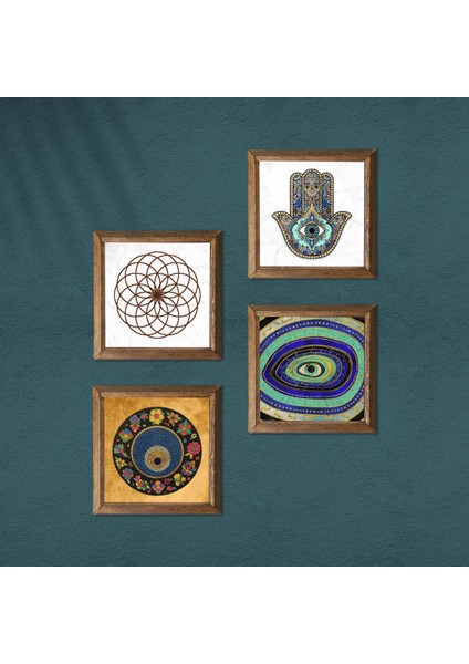 Yaşam Çiçeği, Nazar, Fatma Ana Eli (Hamsa) Ahşap Çerçeveli Taş Duvar Tablosu 4’lü Set – 25x25 cm Dekoratif Modern Sanat – Ev ve Ofis Dekoru |W4-1033| modelleri