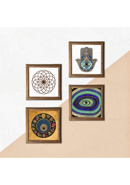 Yaşam Çiçeği, Nazar, Fatma Ana Eli (Hamsa) Ahşap Çerçeveli Taş Duvar Tablosu 4’lü Set – 25x25 cm Dekoratif Modern Sanat – Ev ve Ofis Dekoru |W4-1033| indirimleri