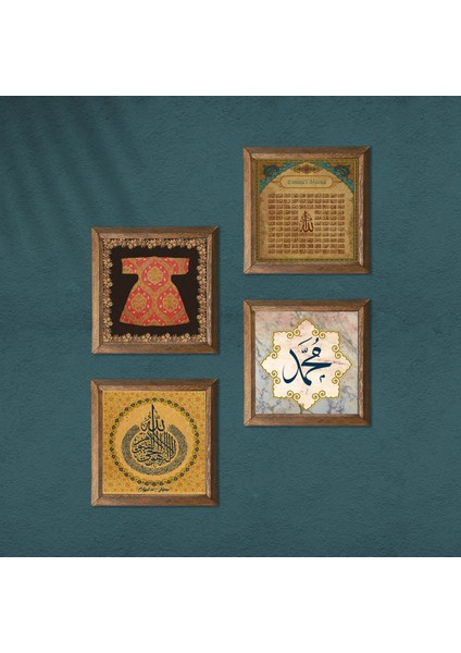 Ayet-el Kürsi, Hırka-i Şerif, Hz. Muhammed Lafzı, Esma'ül Hüsna Taş Duvar Tablosu Ahşap Çerçeveli Duvar Dekoru 4 Parça Tablo Seti Wall Art W4-1044 modelleri