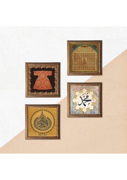 Ayet-el Kürsi, Hırka-i Şerif, Hz. Muhammed Lafzı, Esma'ül Hüsna Taş Duvar Tablosu Ahşap Çerçeveli Duvar Dekoru 4 Parça Tablo Seti Wall Art W4-1044 indirimleri