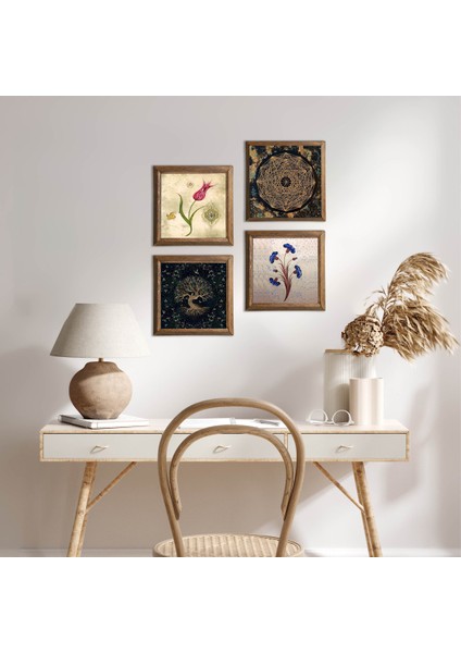 Ebru Sanatı, Nazar, Tavus Kuşu Taş Duvar Tablosu Ahşap Çerçeveli Duvar Dekoru 4 Parça Tablo Seti Wall Art W4-1047