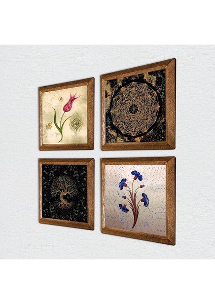 Ebru Sanatı, Nazar, Tavus Kuşu Taş Duvar Tablosu Ahşap Çerçeveli Duvar Dekoru 4 Parça Tablo Seti Wall Art W4-1047