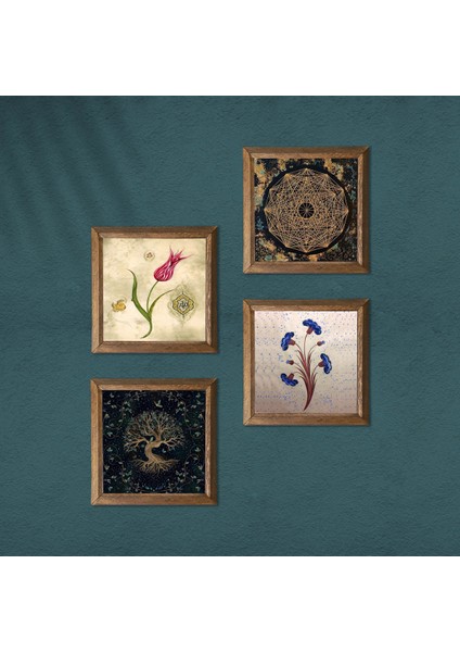 Ebru Sanatı, Nazar, Tavus Kuşu Taş Duvar Tablosu Ahşap Çerçeveli Duvar Dekoru 4 Parça Tablo Seti Wall Art W4-1047