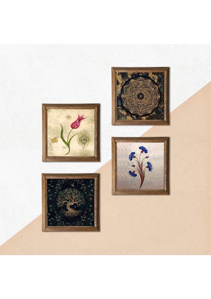 Ebru Sanatı, Nazar, Tavus Kuşu Taş Duvar Tablosu Ahşap Çerçeveli Duvar Dekoru 4 Parça Tablo Seti Wall Art W4-1047