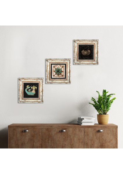 Horus'un Gözü, Fas Desenli Vintage, Şahmeran Taş Duvar Tablosu Çerçeveli Duvar Dekoru 3 Parça Tablo Seti Wall Art T3-447