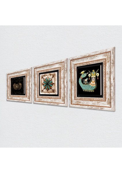 Horus'un Gözü, Fas Desenli Vintage, Şahmeran Taş Duvar Tablosu Çerçeveli Duvar Dekoru 3 Parça Tablo Seti Wall Art T3-447
