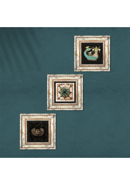 Horus'un Gözü, Fas Desenli Vintage, Şahmeran Taş Duvar Tablosu Çerçeveli Duvar Dekoru 3 Parça Tablo Seti Wall Art T3-447