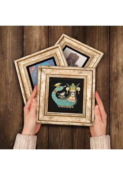 Horus'un Gözü, Fas Desenli Vintage, Şahmeran Taş Duvar Tablosu Çerçeveli Duvar Dekoru 3 Parça Tablo Seti Wall Art T3-447